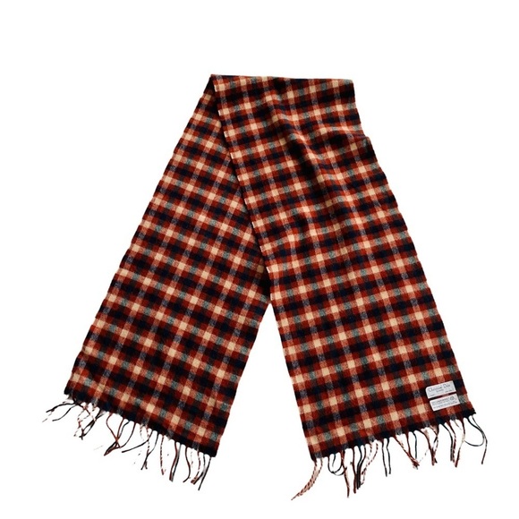 Christian Dior 100% Lambswool Check Plaid Scarf Blue Orange Cream - Picture 1 of 4